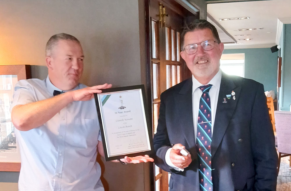 Wayne, our current Chairman, presents Granville with his 50 Year Badge &amp; Certificate